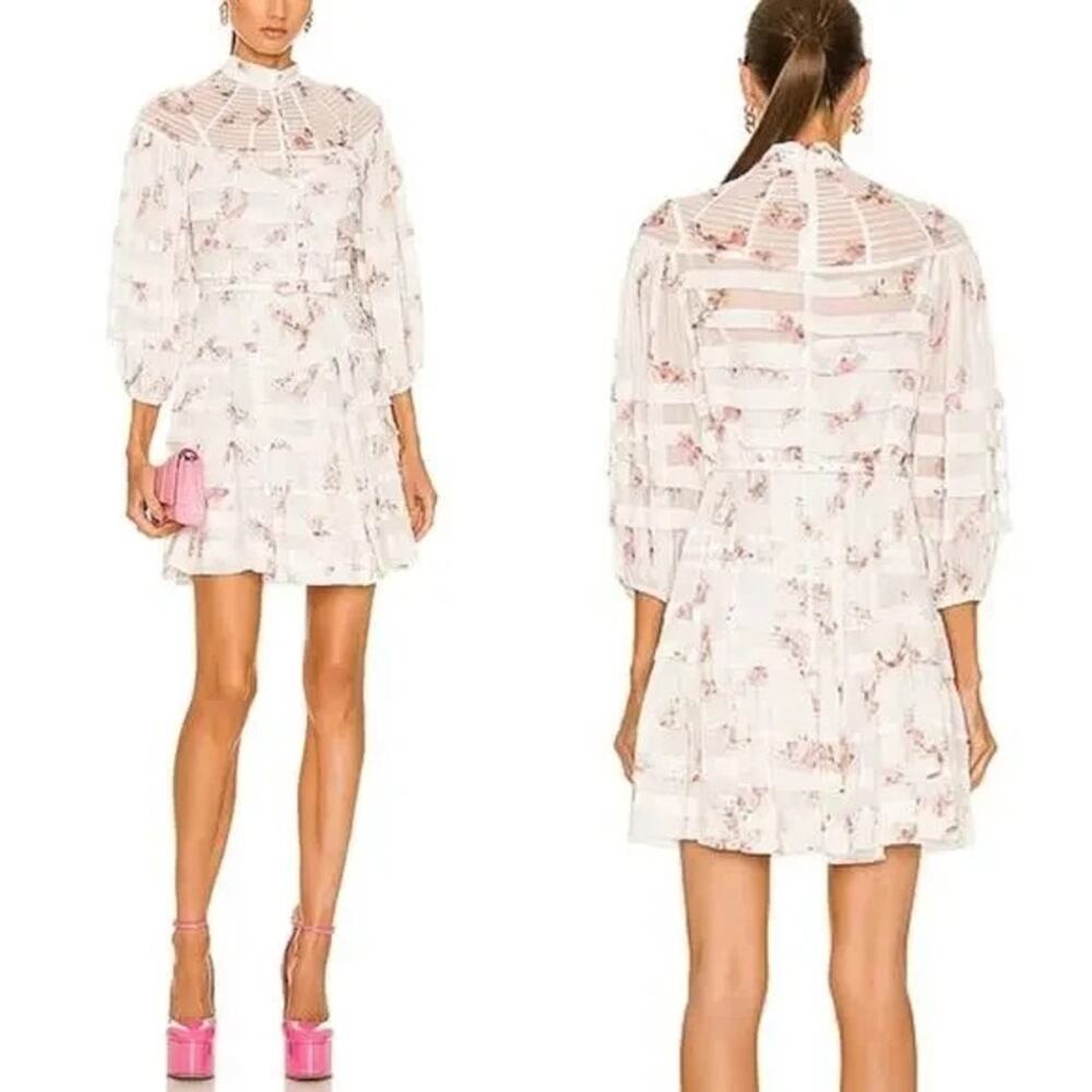 Zimmermann Dancer Ruffled Pintucked Floral Chiffon Mini Dress Size US 6